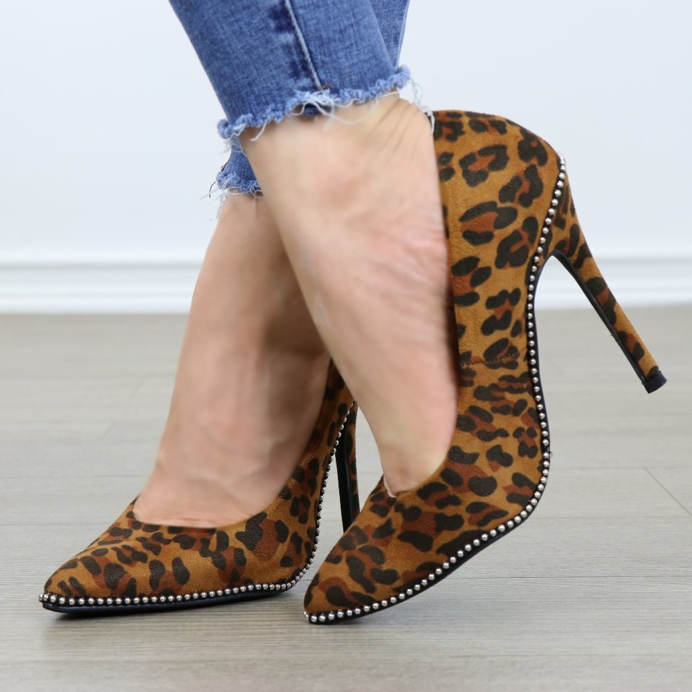 Leopard Vegan Suede High Heel Pumps With Studs - Picture 6 of 6